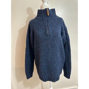 Aran Crafts Ireland Mens Wool Quarter Zip Sweater Navy Donegal Tweed Size M